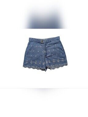Vintage Exhilaration Denim Scallop-Hem Embroidered Women's Shorts - Blue